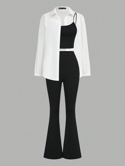 SHEIN Essnce طقم رياضي نسائي كاجوال أساسي خفيف 3 قطع/طقم، ملابس علوية أسود مقاس ضيق وبأربطة مع بنطلون أسود مقاس ضيق وواسع وبلوزة بيضاء بأكمام طويلة، ملابس نسائية مجموعة تمرين خريف 3 قطع/طقم