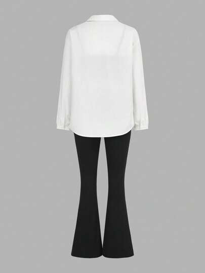 SHEIN Essnce طقم رياضي نسائي كاجوال أساسي خفيف 3 قطع/طقم، ملابس علوية أسود مقاس ضيق وبأربطة مع بنطلون أسود مقاس ضيق وواسع وبلوزة بيضاء بأكمام طويلة، ملابس نسائية مجموعة تمرين خريف 3 قطع/طقم