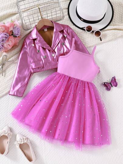 SHEIN Glamorique Kids طقم فستان حفلات مكوّن من 2 قطعة - جاكيت من الجلد الصناعي بلون أحادي أنيقة للفتيات الصغيرات وفستان منفذ مرقع بنجوم وقمر من نسيج شبكي مافض, خريفي