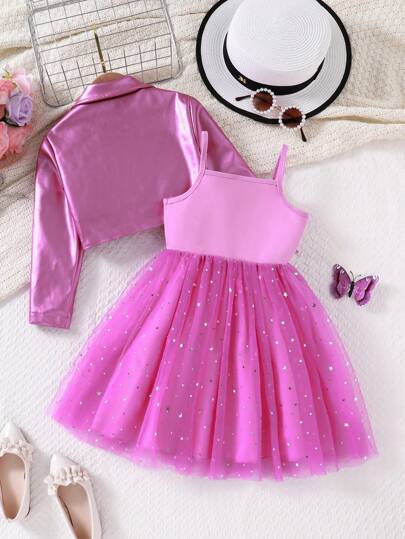 SHEIN Glamorique Kids طقم فستان حفلات مكوّن من 2 قطعة - جاكيت من الجلد الصناعي بلون أحادي أنيقة للفتيات الصغيرات وفستان منفذ مرقع بنجوم وقمر من نسيج شبكي مافض, خريفي