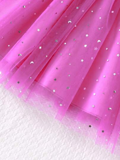 SHEIN Glamorique Kids طقم فستان حفلات مكوّن من 2 قطعة - جاكيت من الجلد الصناعي بلون أحادي أنيقة للفتيات الصغيرات وفستان منفذ مرقع بنجوم وقمر من نسيج شبكي مافض, خريفي
