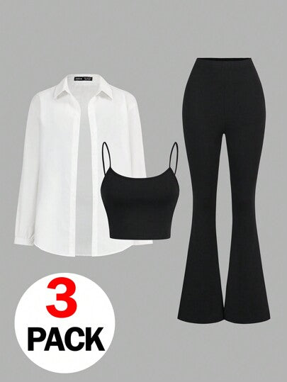 SHEIN Essnce طقم رياضي نسائي كاجوال أساسي خفيف 3 قطع/طقم، ملابس علوية أسود مقاس ضيق وبأربطة مع بنطلون أسود مقاس ضيق وواسع وبلوزة بيضاء بأكمام طويلة، ملابس نسائية مجموعة تمرين خريف 3 قطع/طقم