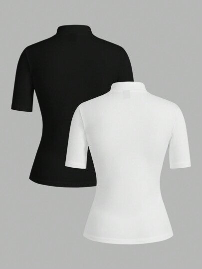 EZwear مجموعة بلوزة قاعدية أساسية بأكمام طويلة ٣/٤ ضيقة الشكل بياقة عالية للنساء ٢ قطعة,مناسبة للانتقال إلى فصل الخريف