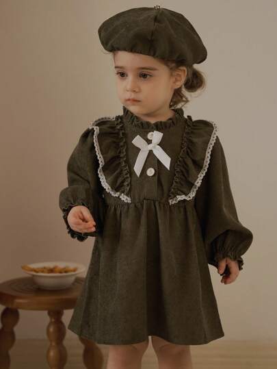 فساتين بيبي Vintaside Kids فستان كم طويل لفتاة رضيع مزين بقبعة بيريه ذات أكمام منتفخة وياقة مكشكشة, ربيع/خريف