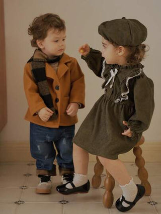 فساتين بيبي Vintaside Kids فستان كم طويل لفتاة رضيع مزين بقبعة بيريه ذات أكمام منتفخة وياقة مكشكشة, ربيع/خريف
