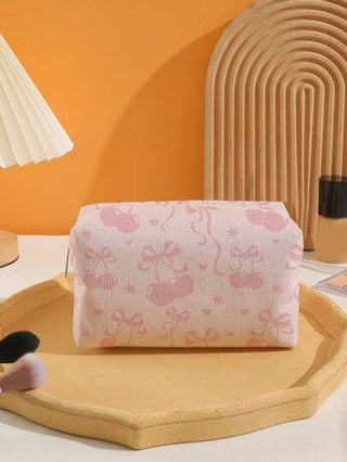 ROMWE Kawaii حقيبة مستحضرات تجميل من الفلانيل بنمط كرز وعقدة فراشة