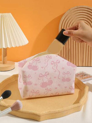ROMWE Kawaii حقيبة مستحضرات تجميل من الفلانيل بنمط كرز وعقدة فراشة
