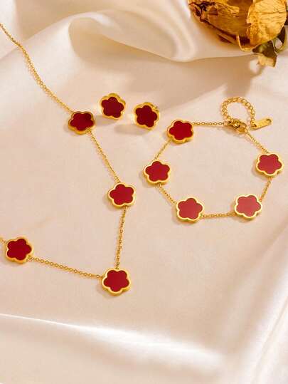 4 قطع طقم مجوهرات زهرة 5 بتلات من الفولاذ المقاوم للصدأ: 1 قلادة + 1 سوار + 2 أقراط، اكسسوارات أنيقة للنساء مناسبة لعيد الحب،الأم،عيد الأم،هدية