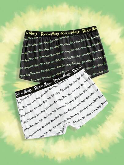 Rick and Morty X SHEIN كنزة داخلية رجالية بسروال قصير بطبعة الإنجليزية الأبيض والأسود بقطعتين مريحة وكاجوال