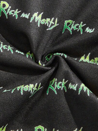Rick and Morty X SHEIN كنزة داخلية رجالية بسروال قصير بطبعة الإنجليزية الأبيض والأسود بقطعتين مريحة وكاجوال