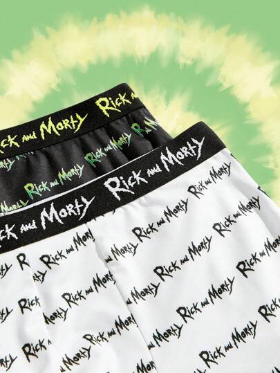 Rick and Morty X SHEIN كنزة داخلية رجالية بسروال قصير بطبعة الإنجليزية الأبيض والأسود بقطعتين مريحة وكاجوال
