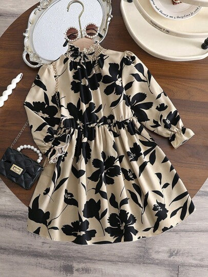 SHEIN Elladie kids فستان متوسط الطول بخصر مربوط وأكمام منتفخة بطبعة زهور فرنسية كلاسيكية، فضفاض وقصير، مناسب للربيع والخريف