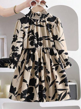 SHEIN Elladie kids فستان متوسط الطول بخصر مربوط وأكمام منتفخة بطبعة زهور فرنسية كلاسيكية، فضفاض وقصير، مناسب للربيع والخريف