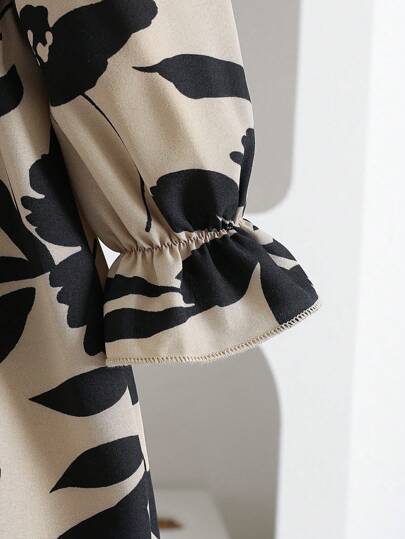 SHEIN Elladie kids فستان متوسط الطول بخصر مربوط وأكمام منتفخة بطبعة زهور فرنسية كلاسيكية، فضفاض وقصير، مناسب للربيع والخريف