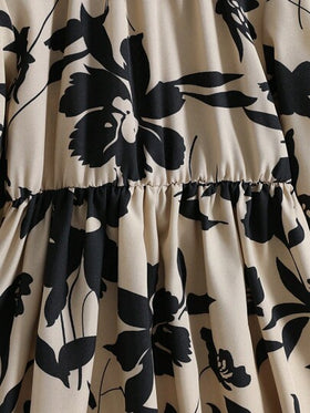 SHEIN Elladie kids فستان متوسط الطول بخصر مربوط وأكمام منتفخة بطبعة زهور فرنسية كلاسيكية، فضفاض وقصير، مناسب للربيع والخريف