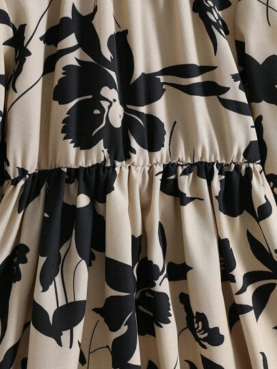 SHEIN Elladie kids فستان متوسط الطول بخصر مربوط وأكمام منتفخة بطبعة زهور فرنسية كلاسيكية، فضفاض وقصير، مناسب للربيع والخريف