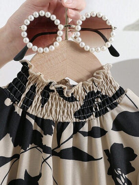 SHEIN Elladie kids فستان متوسط الطول بخصر مربوط وأكمام منتفخة بطبعة زهور فرنسية كلاسيكية، فضفاض وقصير، مناسب للربيع والخريف
