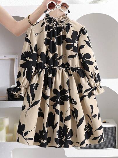 SHEIN Elladie kids فستان متوسط الطول بخصر مربوط وأكمام منتفخة بطبعة زهور فرنسية كلاسيكية، فضفاض وقصير، مناسب للربيع والخريف