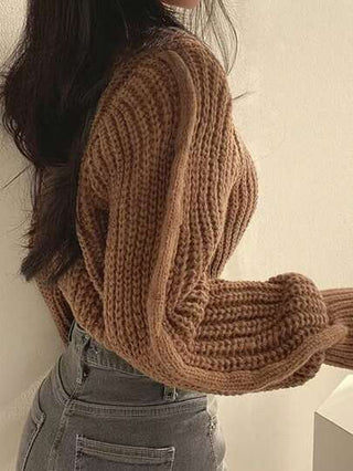 INAWLY كنزة صوفية كاجوال ربيعية طويلة الأكمام بياقة مستديرة باللون الأحادي، توب طويل الأكمام
