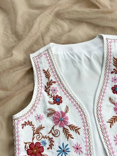 Soleia جاكيت صدرية مطرزة بزهور للفراغ كاجوال مفتوحة الأمام للنساء
