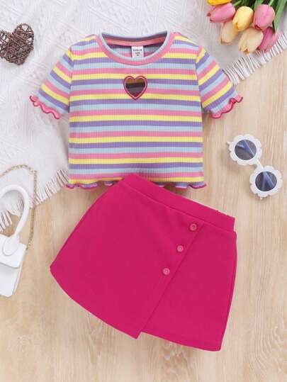 girls-sets ملابس علوية قصير بأكمام مخطط لليوميات مع تنورة بطابع أنيق وجذاب للفتيات المراهقات