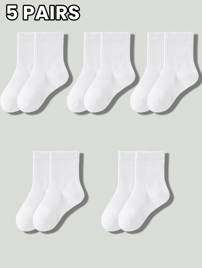 5 أزواج/مجموعات من جوارب طويلة للأطفال بألوان أحادية البساطة، أبيض، أسود، رمادي