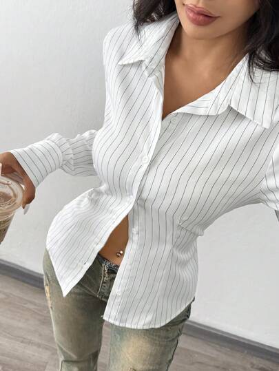 EZwear قميص خصر مخطط كاجوال للنساء في الربيع/الخريف