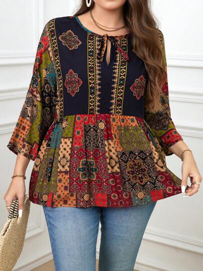 SHEIN ملابس علوية كاجوال طباعة زهور عتيقة للمقاسات الكبيرة