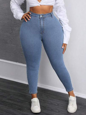 SHEIN SXY بناطيل جينز كاجوال بسيطة لون سادة للنساء بمقاسات كبيرة