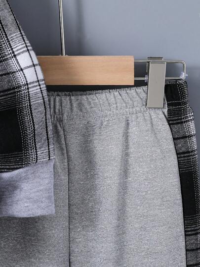 SHEIN قميص كاجوال مقلم مرقع مع غطاء رأس وبنطال رياضي للأطفال الرضع والصغار