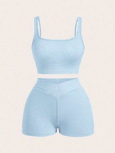 SHEIN EZwear طقم ملابس رياضية متكاملة مكون من 5 قطع: سترة خارجية قصيرة، شورت، وبنطلون بلون واحد