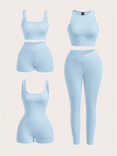 SHEIN EZwear طقم ملابس رياضية متكاملة مكون من 5 قطع: سترة خارجية قصيرة، شورت، وبنطلون بلون واحد