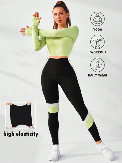 SHEIN Cheerettes بدلة رياضية نسائية عالية المرونة مع تصميم الألوان المتباينة ،طقم ملابس رياضية للنساء