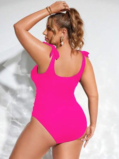 Swim Lushoire قطعة واحدة من ملابس السباحة بتجاعيد بلون واحد، مقاس كبير، أسلوب إجازة شاطئية صيفي