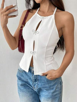 EZwear ملابس علوية كاجوال بلا أكمام منسوج أحادي اللون قياس عادي ظهر مكشوف للنساء