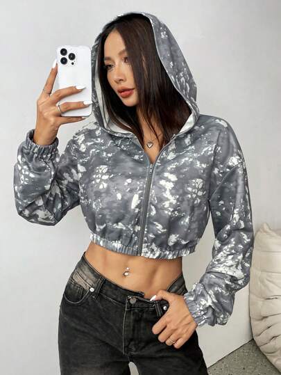 Flirla البلوفر ذو الأكمام الطويلة القصير مع سحاب أمامي, الملابس اليومية الكاجوال