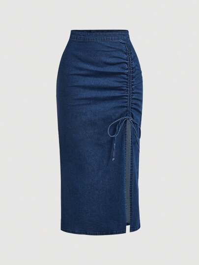 SHEIN MOD تنورة جينز قصيرة يومية ربطة بسيطة ذات لون واحد للنساء