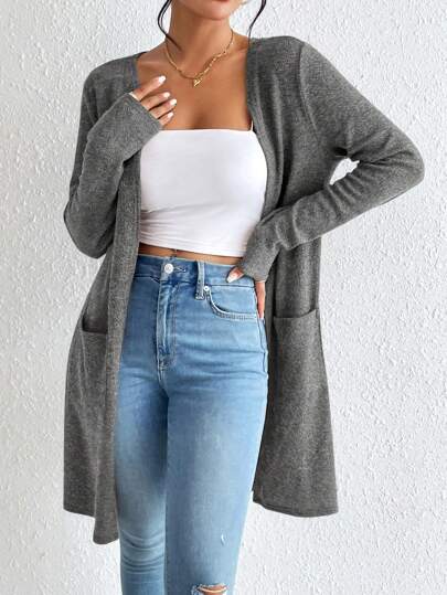 SHEIN Essnce كارديجان محبوك بأكمام طويلة وتصميم أنيق بلون واحد للنساء في فصلي الخريف والشتاء