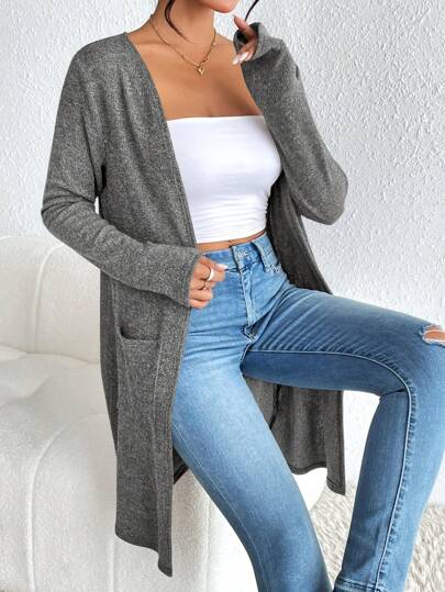 SHEIN Essnce كارديجان محبوك بأكمام طويلة وتصميم أنيق بلون واحد للنساء في فصلي الخريف والشتاء