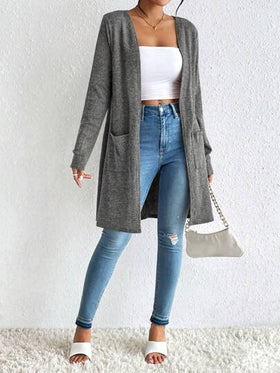 SHEIN Essnce كارديجان محبوك بأكمام طويلة وتصميم أنيق بلون واحد للنساء في فصلي الخريف والشتاء