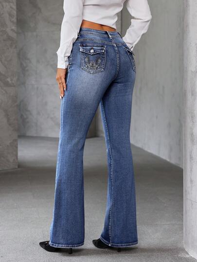 SHEIN Tall جينز جينز بسيط بأكثر من جيب مطرز مع إغلاق بأزرار أمامي ، ارتداء يومي عادي
