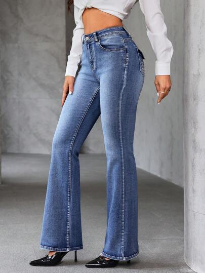 SHEIN Tall جينز جينز بسيط بأكثر من جيب مطرز مع إغلاق بأزرار أمامي ، ارتداء يومي عادي