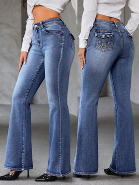 SHEIN Tall جينز جينز بسيط بأكثر من جيب مطرز مع إغلاق بأزرار أمامي ، ارتداء يومي عادي