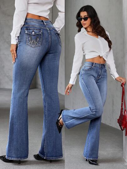 SHEIN Tall جينز جينز بسيط بأكثر من جيب مطرز مع إغلاق بأزرار أمامي ، ارتداء يومي عادي