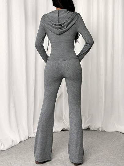 SHEIN EZwear مجموعة ملابس علوية سوداء بسحاب وكابور واسع 2قطعة للنساء، ربيع وصيف