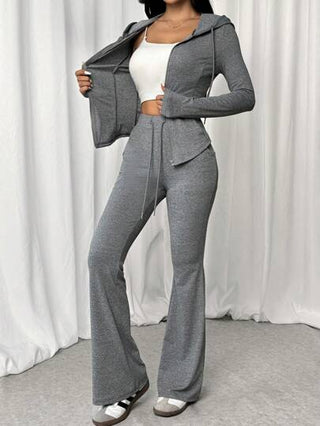 SHEIN EZwear مجموعة ملابس علوية سوداء بسحاب وكابور واسع 2قطعة للنساء، ربيع وصيف