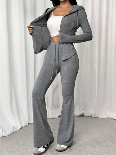 SHEIN EZwear مجموعة ملابس علوية سوداء بسحاب وكابور واسع 2قطعة للنساء، ربيع وصيف