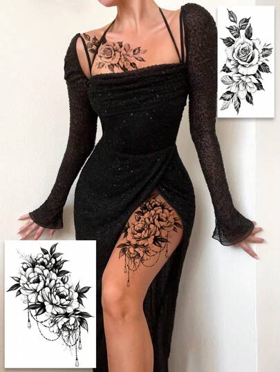طقم تانكيني حريمي (عبوة من 3 قطع) وشم مؤقت زهري مائي، نمط سلسلة مجوهرات وزهرة سوداء، سهل الاستخدام وطويل الأمد، يبدو وكأنه وشم حقيقي، مناسب للاستخدام على الفخذ والبطن والترقوة والذراع وأجزاء أخرى، ضروري للحفلات