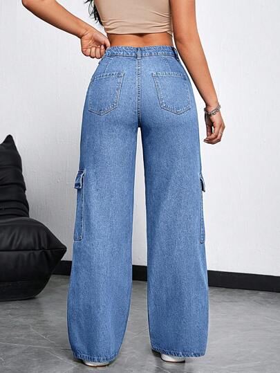 EZwear بنطلون جينز عرض الساق واسع كاجوال مغسول للنساء