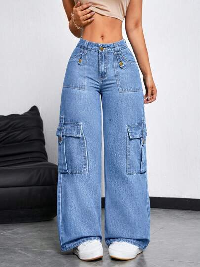 EZwear بنطلون جينز عرض الساق واسع كاجوال مغسول للنساء